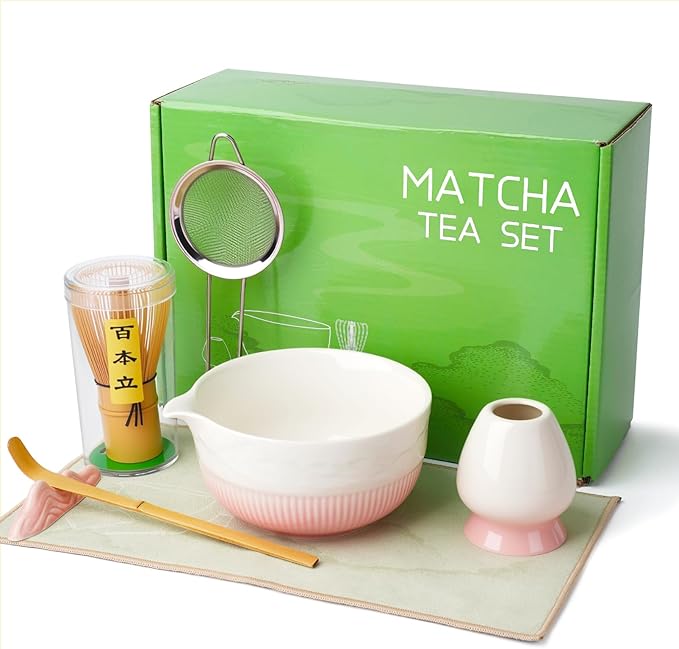 Matcha Whisk Set, 7 Pcs Ceramic Matcha Set, Includes Matcha Bowl, Matcha Whisk, Chasen Holder, Bamboo Scoop, Scoop Rest, Stainless Sifter, Tea Towel, Matcha Kit for Matcha Tea Ceremony