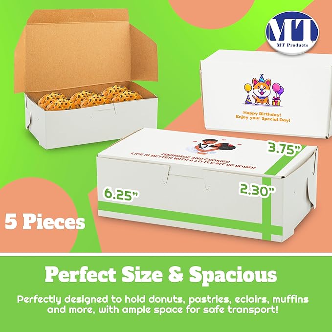 MT Products Custom Printed White Eclair Bakery Boxes - 6.25" x 3.75" x 2.2" Customizable Donut and Cupcake Boxes Printed (Pack of 5) - Made in USA