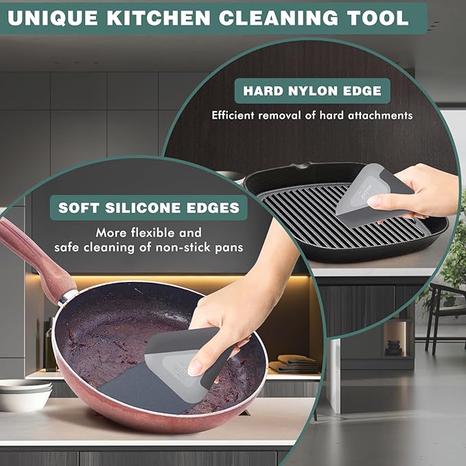 Food Scraper, 2-in-1 Pot and Pan Dish Scraper, Nylon and Silicone, Kitchen Scraper Tools for Cast Iron Skillets, Cookware, Dishes, Pans and Pots, Heat Resistant, Set of 3