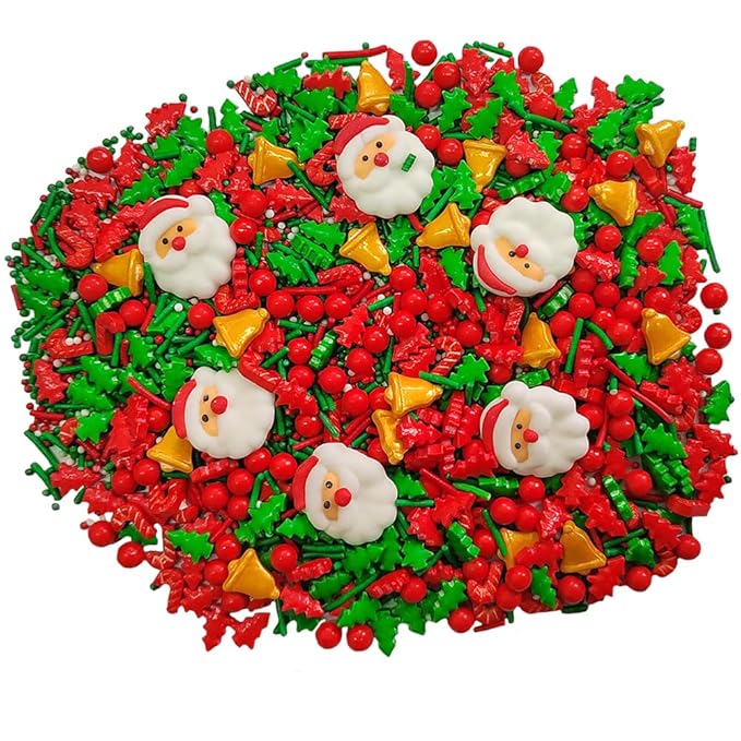 1 Bottle Christmas Sprinkles for Cookie Decorating Cake Toppers Christmas Tree Bells Candy Cupcake Topper Dessert Sprinkle Decorations with 6 Pieces Santa Claus