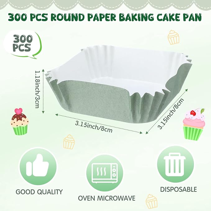 LemonRoad 300pcs Coated Paper Cupcake Liners for Baking Colorful Greaseproof Baking Cup for Muffin Dessert Candy Biscuit Cookies Brownie Wedding Birthday Party Baby Shower(Green,Square)