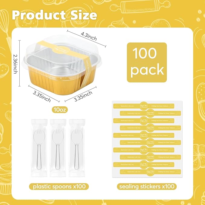Ruckae 10oz 100 Pcs Square Mini Loaf Pans with Lids-Disposable Foil Dessert Containers,Mini Cake Pans with Lids,Aluminum Dessert Cups for Parties and Weddings (Gold, 10oz)
