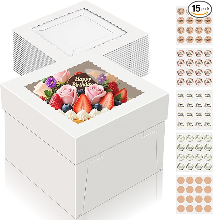 15 PCS Cake Boxes 10 Inch, 10x10x10 Tall Cake Box, 10 Inch Cake Box with Window, White Bakery Boxes, Large Baking Boxes, Cajas Para Pasteles, 10x10 Cake Boxes for Birthday, Wedding, Party, Business
