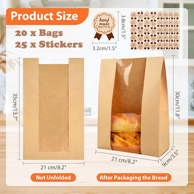 20 Pcs Bread Bags for Homemade, ROOKEA Sourdough Bread Bags with Window for Baked Paper Packaging with Sealing Stickers Bakery Cookie Food Snack Storage Large Kraft Paper 13.7x8.2x3.5 inch
