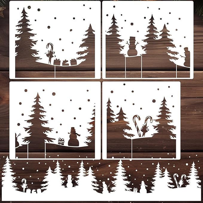 Christmas Stencils for Window Glass Large Christmas Stencil for Crafts Reusable 53.1” Winter Forest House Village Holiday Drawing Templates for Painting on Window Glass Doormat Wood Sign