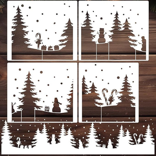 Christmas Stencils for Window Glass Large Christmas Stencil for Crafts Reusable 53.1” Winter Forest House Village Holiday Drawing Templates for Painting on Window Glass Doormat Wood Sign