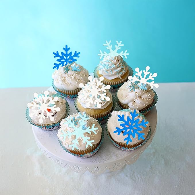 Gyufise 60Pcs Edible Snowflake Cupcake Toppers Winter Cupcake Picks Water Paper Winter Frozen Cake Decorations for Snowflake Theme Baby Shower Kids Birthday Party Supplies Light Blue White