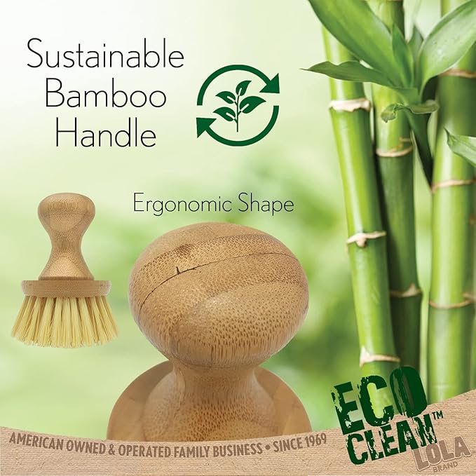 LOLA Vegetable Brush w/Comfort Bamboo Knob, 6 Pack, Durable Poly Bristles, Natural Bamboo, Fibers are Recycled Soda/Water Bottles