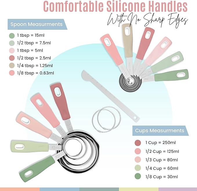 Nextop 14-Piece Stainless Steel Measuring Cups and Measuring Spoons Set with All Stackable Sizes and Leveler for Dry Ingredients, Complete Set for Kitchen & Baking Measuring Tools (Peach Set)