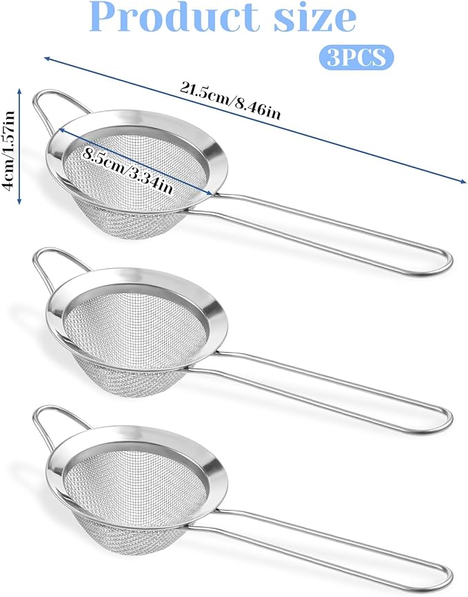 3 Pieces Small Strainer Fine Mesh Tea Strainers for Kitchen Small Stainless Steel Sieves Food Strainer with Handles Colander Conical Food Loose Sieve Filter Sifter Riddle for Cocktails Tea Coffee