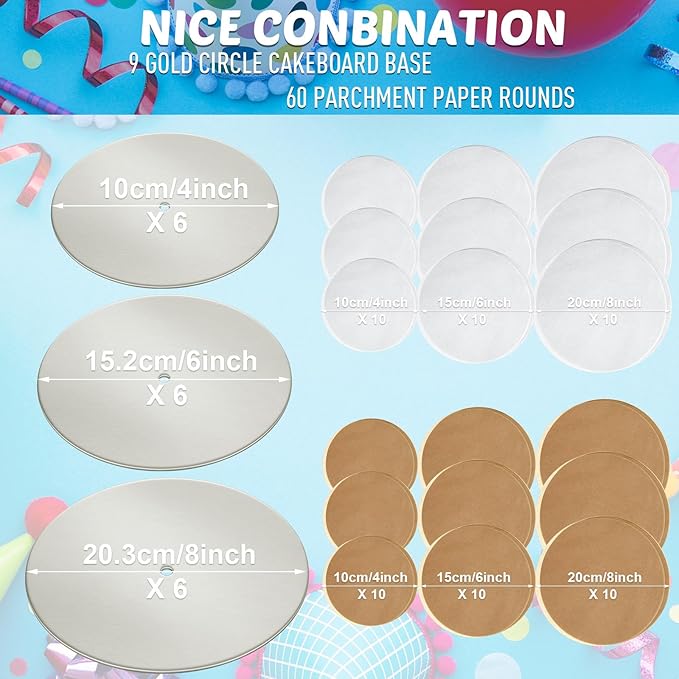 Patelai 89 Pcs Cake Tiered Stacking Kit 8,6,4 Inch Silver Round Cake Boards with Parchment Paper Round and Plastic Dowel Rods for Stacking Support Decorating Supplies
