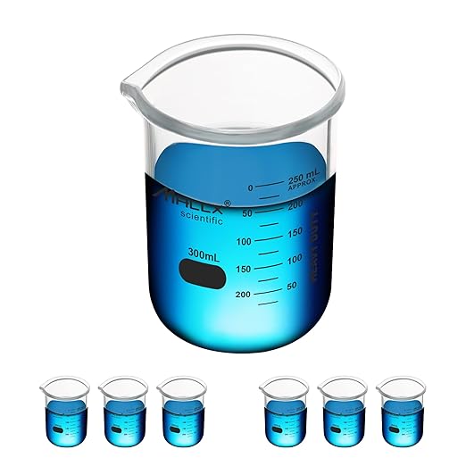 10.15oz(300ml) Sturdy Glass Beaker, Heavy-Duty Lab Beaker Set, 3.3 Borosilicate Griffin Low Form with Printed Graduation, Pack of 6, BKL300-006