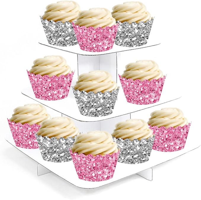 Andaz Press Party Cupcake Wrapper Decorations, Pink And Silver Glitter Paper, 24-Pack, Bulk Cake Supplies Pink Cupcake Wrappers Girl Baby Shower 1st Birthday, Not Real Glitter Silver Cupcake Wrappers
