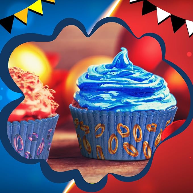 300 Pcs Cupcake Paper Liners Blue Gold Ring Baking Cups Muffin Cupcake Wrappers Blue Hedgehog Party Decorations for Cakes Baking Ice Cream Dessert Cheese Wedding Birthday Party Supplies
