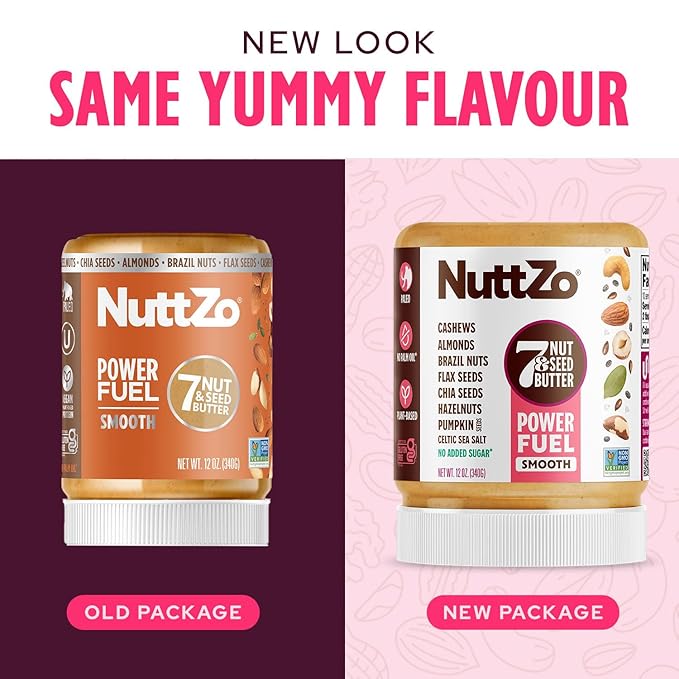 NuttZo Natural Power Fuel 7 Nuts and Seeds Butter, Smooth, Paleo and Keto Friendly, Peanut and Gluten Free, Kosher, No Added Sugar or Oil, 12 oz Jar, 6 Pack