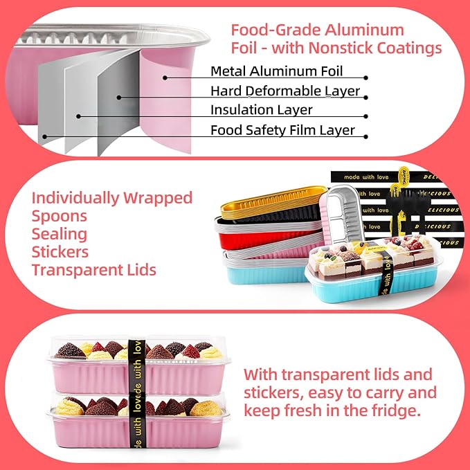 Mini Loaf Pans with Lids and Spoons Sealing Sticker,120 Pcs 6.8oz Cake Pans for Baking Disposable Aluminum Foil Christmas Cake Pan (mixed)