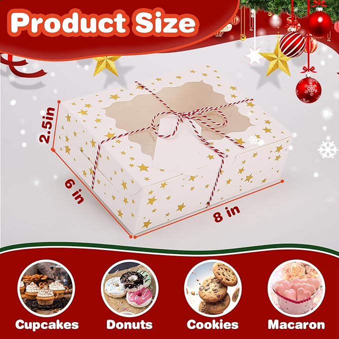 BEVOING 36 Pcs 8x6x2.5 Inches Christmas Cookie Boxes, White Bakery Boxes with Window Gold Foil Star 8 Inch Treat Boxes Pastry Pie Boxes for Chocolate Strawberries, Donuts, Cupcakes, Muffins and Dessert