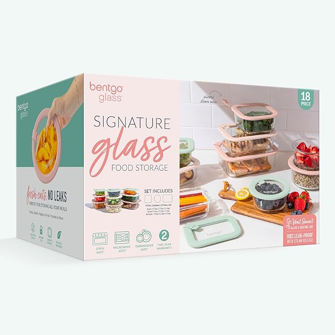Bentgo Signature Leak-Proof Glass Food Storage - 18-Piece Set, 1-Compartment Plastic-Free Containers with Airtight Glass Lids, BPA-Free, Microwave, Freezer, Oven & Dishwasher Safe (Desert Sage)