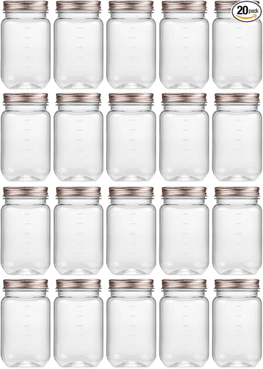 novelinks 16 oz Clear Plastic Jars with Screw-On Lids - BPA-Free Refillable Storage Containers for Slime, Food, Crafts, Kitchen & Household Use (20 Pack,Rose Gold)