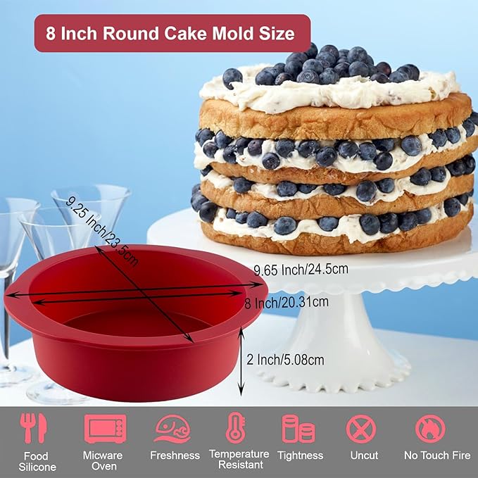 Nalchios 8 inch Silicone Round Cake Pans Set of 3, Non-stick Easy Releasing Mini Pans, Flexible BPA Free Silicone Baking Mold Pans for Layer, Mini, Pizza, Cheese, Chocolate Cake