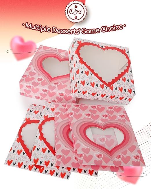 qiqee Auto-pop Up Valentine Pastry Box with Window 8x8x2.5 inch Donut Pie Boxes 12pcs Bakery Box for Valentine''s Day
