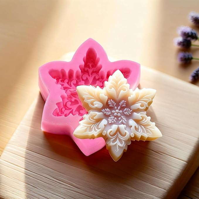 Snowflake Silicone Molds Christmas Snowflake Soap Molds Snowflakes Candle Mold 3D Christmas Silicone Chocolate Mold for Making Soaps Candles Bath Bomb Cookie Cake Candy Chocolate Muffins Ice(Pink 2)