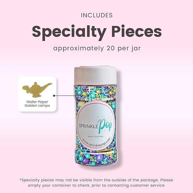Sprinkle Pop Arabian Princess Sprinkles Mix| Aqua Lavender Purple Sprinkles with ~20 Genie Bottle Toppers and Gold Dragees| Girl Birthday Decorating Sprinkles Made in USA for Cake Cookie Cupcakes, 4oz
