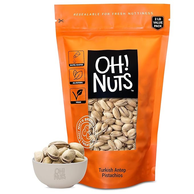 Oh! Nuts 2 LB Specialty Pistachios Finely Salted | Imported Turkish Antep Pistachios Roasted and Lightly Salted (Package May Vary)