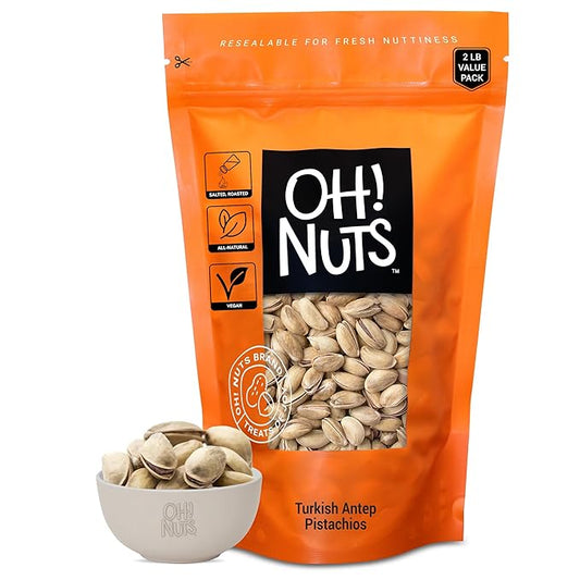 Oh! Nuts 2 LB Specialty Pistachios Finely Salted | Imported Turkish Antep Pistachios Roasted and Lightly Salted (Package May Vary)