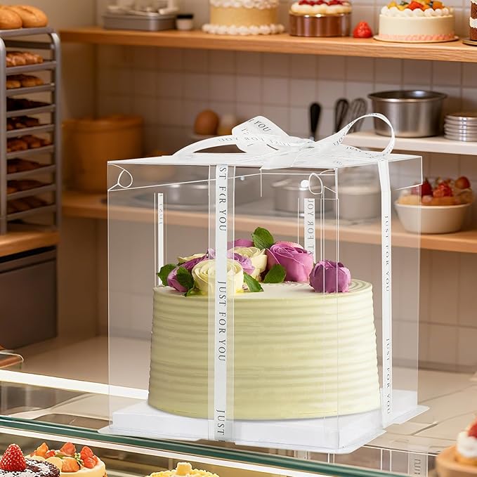 cake box-12 * 12 * 10inch/8pcs, Clear Display Gift Boxes with RibbonStackable Food Storage Containers for Pastry (Clear, 12 * 12 * 10inch/8pcs)