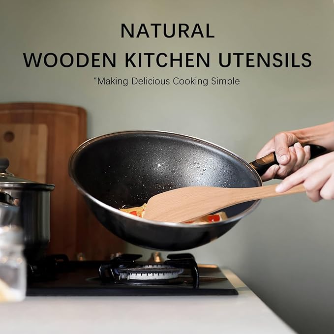 2pcs Wooden Spatulas for Cooking, 13inch Coated Beech Wood Turners for Frying, Non-Scratch Flat Spurtle for Pan & Wok, Cooking Utensils for Non Stick Cookware, Long Handle Scraper