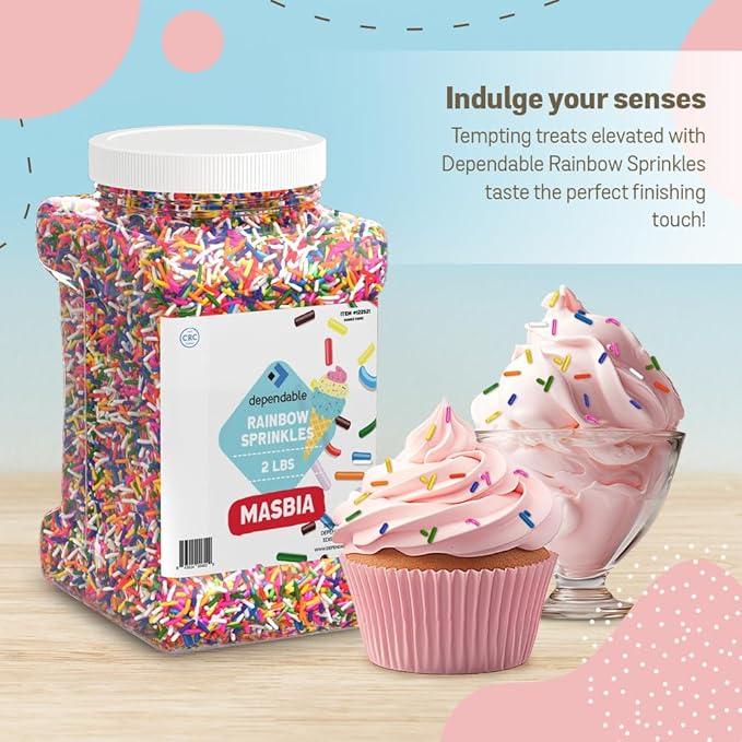 Dependable Food Rainbow Sprinkles - 2 Lb. Bulk Container - Gluten-Free, Kosher, Colorful Jimmies for Cake Decorating, Cupcakes & More - Resealable Jar