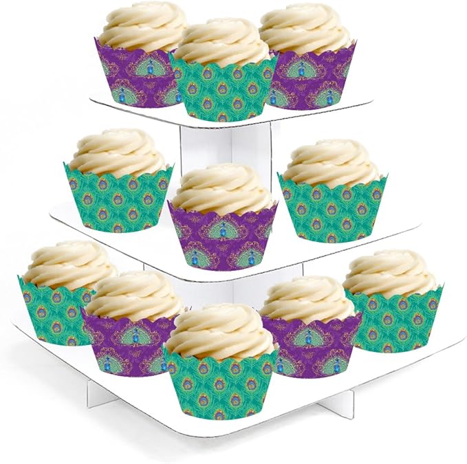 Andaz Press Party Cupcake Wrapper Decorations, Purple and Aqua Peacock Feathers, 24-Pack, Theme Colored Bulk Cake Supplies