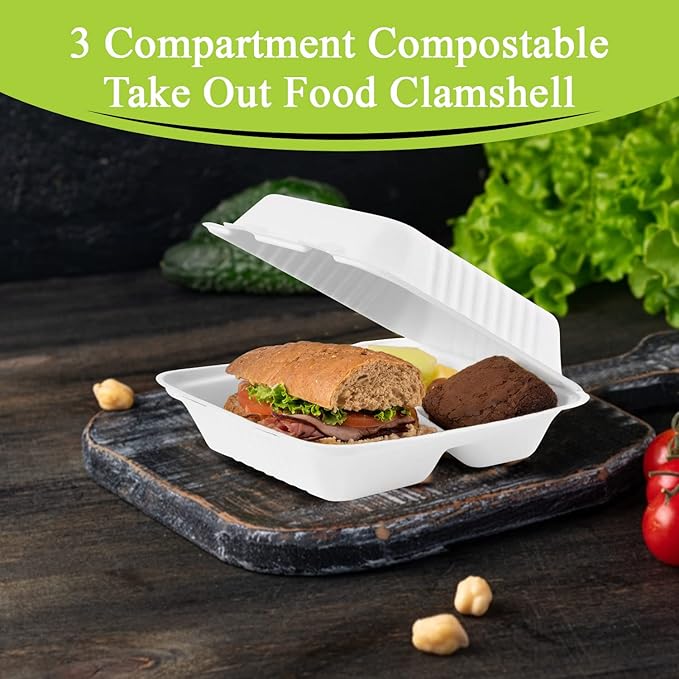 three leaf 8" x 8" 3 COMPARTMENT BAGASSE CLAMSHELL, 200 Ct. Heavy-Duty- Super Strong- Natural- Eco-Friendly Disposable Bagasse Clamshell, 100% Biodegradable 8 inch clamshell