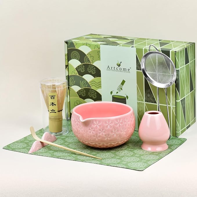 Artcome Matcha Tea Set – Pink Sakura Embossed Ceramic Bowl 17oz with Bamboo Whisk, Whisk Holder, Strainer, Scoop, Tea Spoon, Cloth – Complete Japanese Matcha Kit for Tea Ceremony & Gift