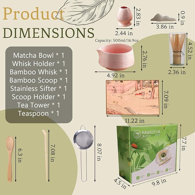 8 Pcs Matcha Whisk Set Chasen Matcha Whisk Bamboo Bowl with Spout Sifter Spoon Scoop Whisk Holder Bamboo Mat Complete Matcha Making Kit (Pink)