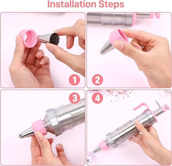 Icing Decoration Gun Set, Stainless Steel Dessert Decorating Syringe Set, Cupcake Frosting Filling Injector with 6 Icing Nozzles, 3 Cream Scraper, 2 Offset Spatula, 2 Nozzle Brush for Kitchen Baking