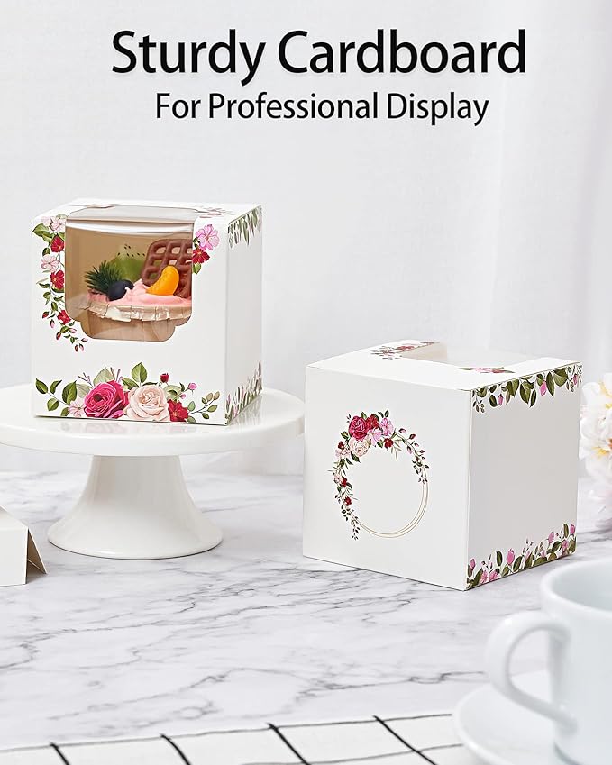 Happyhiram Cupcake Boxes 100 Pcs Bulk Roses Floral, Individual Holder with Window for Mother's Day Flower Mini Gift Boxes Botanical Leaves for Gift Ornament Packaging Women's Birthdays Weddings