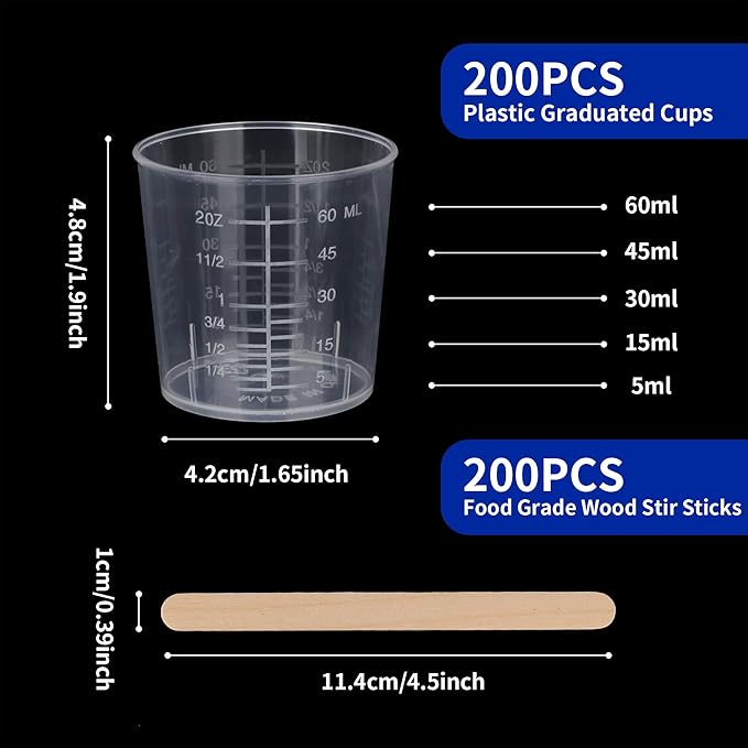 200 Pcs disposable measuring cups for resin, 2oz/60ml Plastic Graduated Cups with 200 Pcs Wooden Stirring Sticks, Clear Scale Cup for Liquid, Medicine