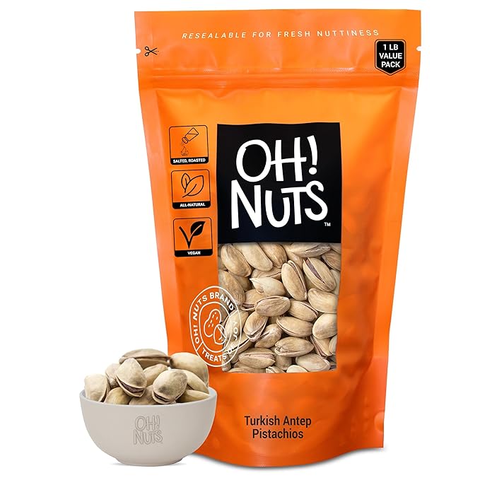 Oh! Nuts Pistachios - Roasted & Lightly Salted - 1 lb - Turkish Antep Pistachios In Shell - Packed in New York Zip-Seal Bag for Exceptional Freshness