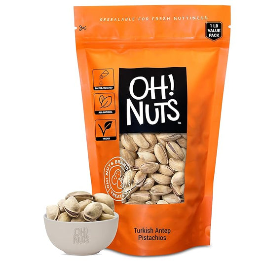 Oh! Nuts Pistachios - Roasted & Lightly Salted - 1 lb - Turkish Antep Pistachios In Shell - Packed in New York Zip-Seal Bag for Exceptional Freshness