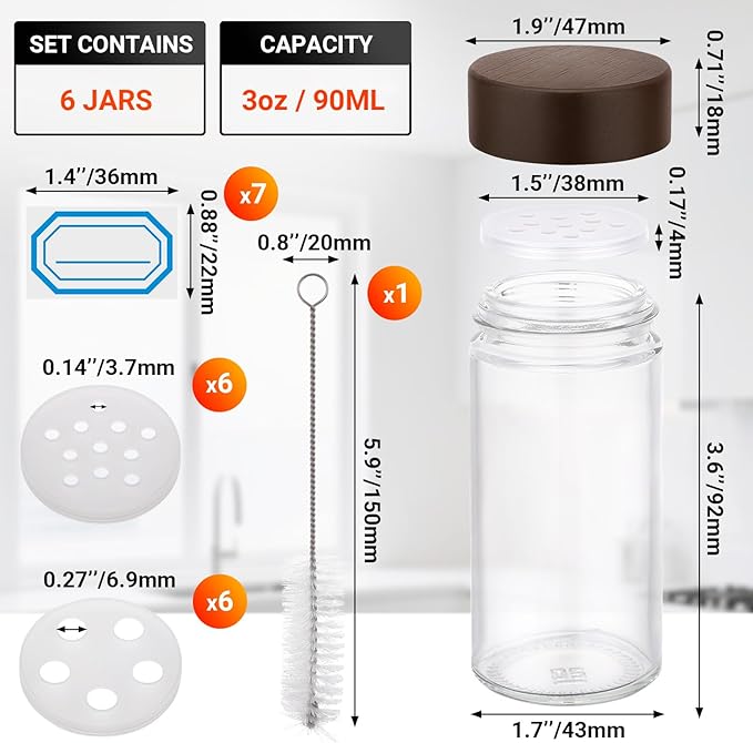 Segarty 3oz Spice Jar with Wood Lids, 6 Pack 90ml Glass Round Condiment Jars with Lids, Clear Empty Seasoning Containers Cereal Containers Storage Set, Small Spices Bottles with 7 Stickers, 1 Brush