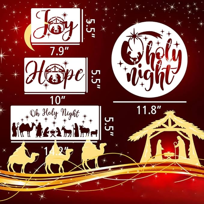 Christmas Stencils for Crafts Reusable Nativity Stencil Christian Jesus Stencils for Painting on Wood for Unto Us/Holy Night/Believe/Blessed Templates