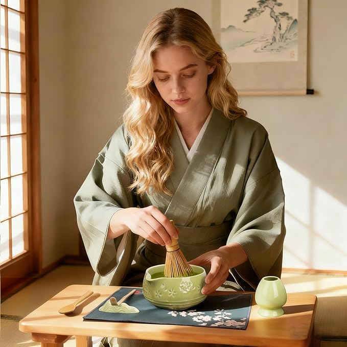 Matcha Whisk Tea Set: Ceramic Bowl with Spout, Bamboo Matcha Whisk & Spoon, Chasen Holder, Scoop Rest, Sifter, 8-Pcs Japanese Matcha Powder Kit–Gift for Ceremony & Matcha Lovers-Matcha Green