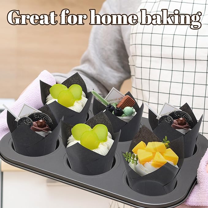 600 Pcs Tulip Cupcake Liners for Baking Muffin Liners Printed Baking Cups Holders Greaseproof Wrappers Decoration for Cupcake Bouquet Birthday Party Wedding Bride Shower (Black)