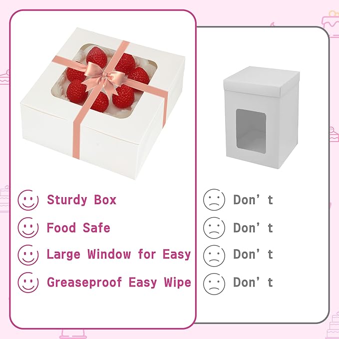 30pcs Cake Boxes and 30 Pack 10 Inch Round Cake Boards,10x10x5 Inches White Square Bakery Boxes with Window Cajas Pasteles for Cookies Pies Cupcakes Pastry
