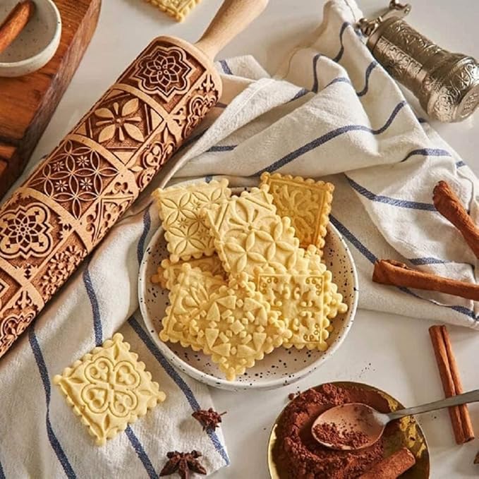 17" Premium Wooden Rolling Pins for Baking with European Embossed Designs | 3mm Deep Springerle Cookie Molds | Christmas Rolling Pin & Baking Gifts for Women | Includes 3-in-1 Cleaning Brush