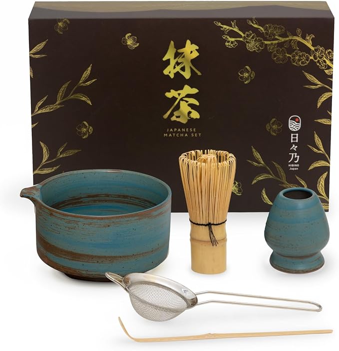 HIBINO Japanese Matcha Set | Matcha Bowl with Spout | Whisk & Holder | Bamboo Scoop & Stainless Sifter | 5-Piece Traditional Matcha Kit | Designed in Japan |「Rustic Teal」
