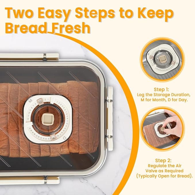 Large Bread Container: Time Recording Bread Storage Container with Lid, Stainless Steel Bread Box, Bread Storage Solution, Airtight Bread Box, Dishwasher Safe (Silver-White)
