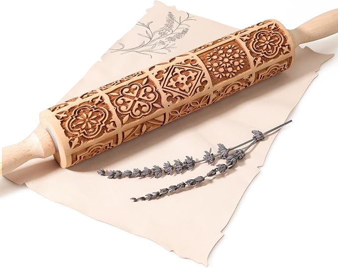17" Premium Wooden Rolling Pins for Baking with European Embossed Designs | 3mm Deep Springerle Cookie Molds | Christmas Rolling Pin & Baking Gifts for Women | Includes 3-in-1 Cleaning Brush
